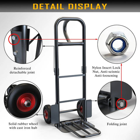 Detail view of Beefy Heavy Duty Hand Truck With 600 Lb Capacity Steel Construction Two Wheel Dolly With Solid Rubber Tires