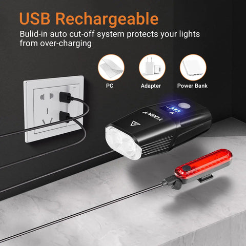 USB Rechargeable Bike Light Set With Front Headlight And Rear Tail Light 5400mAh Power Bank charging via wall outlet
