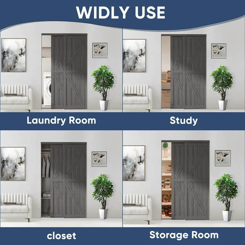 Double K Shape Sliding Closet Door 48 By 80 Inches With Hardware Kit And Matching Fascia, Solid Wood Slab With Waterproof And Scratch Resistant PVC Surface, Preassembled For Easy Install, Gray in various room settings