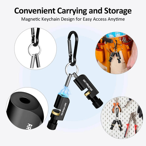 Magnetic keychain with stair gauges for framing square, circular saw guide, shown in various storage setups.