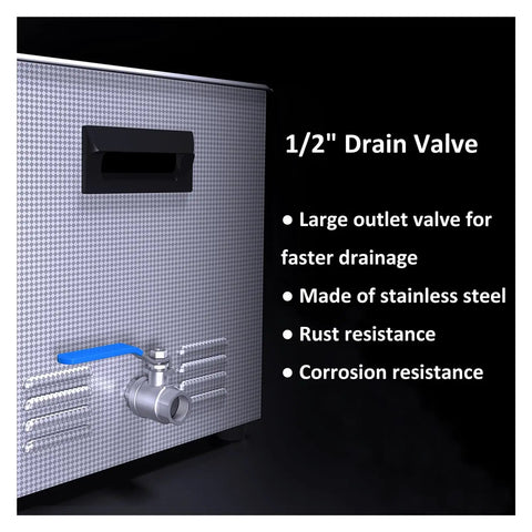 1/2" drain valve on a 30L Ultrasonic Cleaner With Heat And Knob Control Ultra Powerful 40Khz Bath for easy drainage.