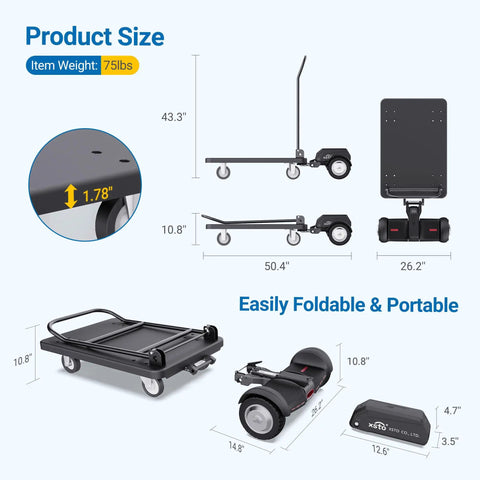 Electric Platform Truck 661 Lbs Capacity Heavy Duty Flatbed Cart With 1000W Motor dimensions and details, foldable and portable.