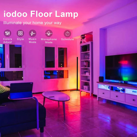Rgb Corner Floor Lamp With App Control And Remote Music Sync 16 Million Colors Dimmable Warm White To Vivid Color Modern Led Ambience Lamp in colorful living room setup