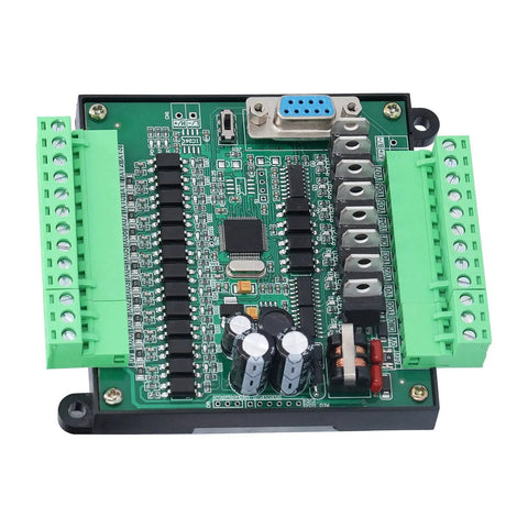 Industrial 12V Programmable Logic Controller with relay output and base plate, shown front view with green terminal connections.
