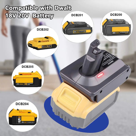 DeWalt 20V To Dyson V6 Battery Converter Adapter DW20V6 For V6 Series Vacuums with compatible battery models shown