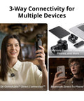 All Day Wireless Lavalier Mic System With 2 TX 1 RX And Charging Case shown with connectivity options for cameras and phones