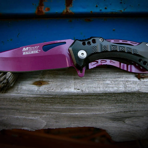 Folding Knife With Three Point Seven Five Inch Half Serrated Blade Titanium Coating Glass Breaker And Pocket Clip Purple Handle