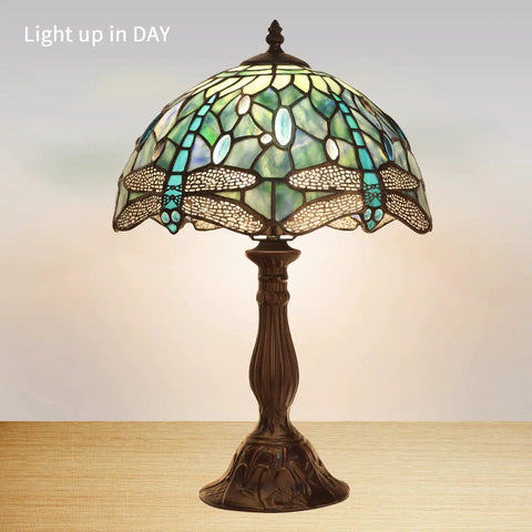 Dragonfly Tiffany Style Table Lamp With Stained Glass Shade, Bronze Base, 18 Inch Tall Bedside And Desk Light, Handmade Glass Lampshade, LED Bulb Included, Warm White 2700K, E26 Base, Ideal Living Room Or Bedroom Decor displayed lit up on wooden table