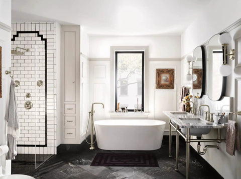Elegant bathroom interior with Colinet Traditional 24-Inch Towel Bar in Brushed Nickel, featuring classic decor and modern fixtures.