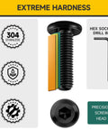 M6 Flat Head Hex Socket Cap Screws Set, 25 pcs in 12, 16, 20, 25, 30 mm sizes, 304 stainless steel with black oxide finish, with hex spanner