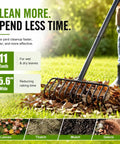 Heavy Duty Brush Rake With A 15.6 Inch Wide Head And 11 Steel L Shaped Tines, Adjustable 36 To 66 Inch Handle For Quick, No Fuss Cleanup Of Leaves, Sticks, Pine Needles, Thatch, Moss, Mulch And Lawn Debris being used to rake leaves in a garden