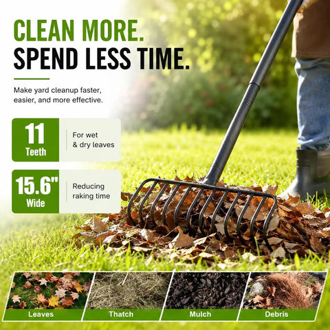 Heavy Duty Brush Rake With A 15.6 Inch Wide Head And 11 Steel L Shaped Tines, Adjustable 36 To 66 Inch Handle For Quick, No Fuss Cleanup Of Leaves, Sticks, Pine Needles, Thatch, Moss, Mulch And Lawn Debris being used to rake leaves in a garden