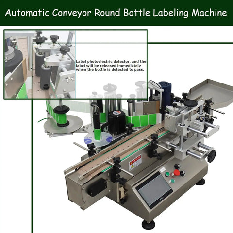 High Speed Fully Automatic Labeling Machine For Round Bottles Delivers Badass Efficiency With Touch Screen Interface, showing conveyor and labeling system.