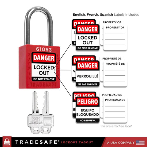 Lockout Tagout Station Kit With 26 LOTO Devices And 20 Do Not Operate Tags Padlock Hasps Wall Mount Board OSHA Compliant Industrial Safety System Built Tough For Heavy Duty Work Environments showing padlock and labels.