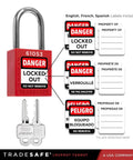 Red padlock and multilingual lockout tags from OSHA Compliant Electrical Lockout Tagout Kit With Hasps, Clamp On And Universal Circuit Breaker Locks.