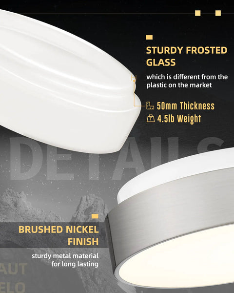 Close-up of 12 Inch Flush Mount Ceiling Light Fixture with Frosted Glass Shade and Brushed Nickel Finish, detail view