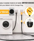 Heavy Duty Nema 14 50P To Nema 6 20R Ev Charging Adapter For Tesla Vehicles With Integrated Surge Protector Breaker, plugged into dryer socket.