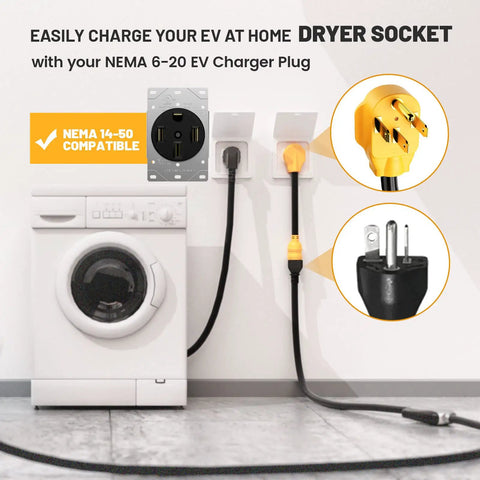 Heavy Duty Nema 14 50P To Nema 6 20R Ev Charging Adapter For Tesla Vehicles With Integrated Surge Protector Breaker, plugged into dryer socket.
