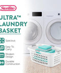 Ultra 2 Bushel Plastic Laundry Hamper Baskets, 6 Pack in White in front of washing machines, shown with folded towels.