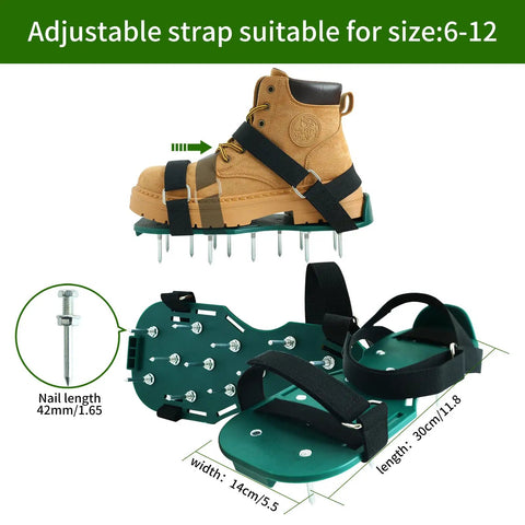 Lawn Aerator Shoes With Durable Spikes And Adjustable Straps For Grass Aeration, Heavy Duty ABS Construction below a boot.