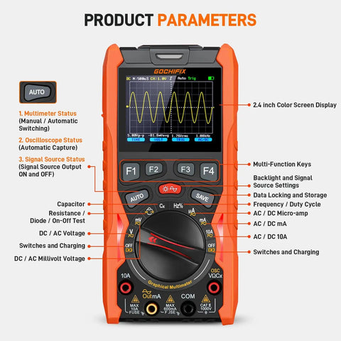 Close-up of Handheld 3 In 1 Oscilloscope Multimeter And Waveform Generator With 12MHz Bandwidth 50MSaPerS Sampling USB Lab Scope.