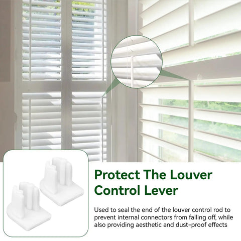 End Cap Replacement Kit For Plantation Shutter Tilt Bars Vinyl End Caps shown in use on white plantation shutters