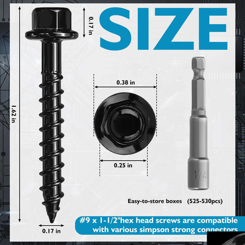 Heavy Duty Joist Hanger Screws Bulk 9 X 1-1/2 Inch Connector Screws With One Quarter Inch Hex Head And Washer dimensions