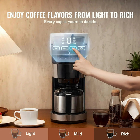 8 Cup Drip Coffee Maker With Built In Burr Grinder And Three Brew Strengths Adjustable Grind Size displaying controls and cup options.