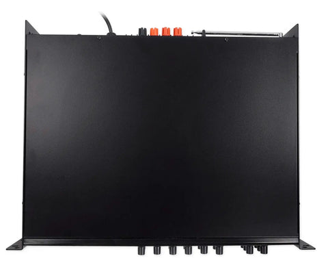 Rear view of Six Zone 180W 70V Commercial Amplifier with Bluetooth USB SD RCA Multisource Inputs Mic and Optical Inputs FM Radio.