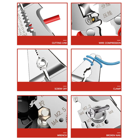 Heavy Duty Foldable Wire Strippers 16 In 1 Electrician Pliers multifunction features including cutting line, wire compression, and clamp.