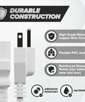 Side view of white 10 Foot 3 Prong Computer Power Cord C13 To NEMA 5-15P IEC 320, highlighting durable construction and features.