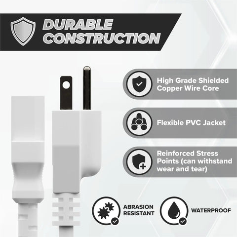 Side view of white 10 Foot 3 Prong Computer Power Cord C13 To NEMA 5-15P IEC 320, highlighting durable construction and features.