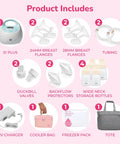 Hassle Free Portable Electric Breast Pump With Rechargeable Battery And Soft Suction Levels Includes Total Must Have Travel Tote Nursing Bottles And Insulated Cooler Bag For Busy Mom Life product components display.