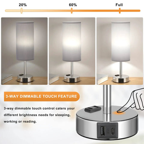 Three Way Dimmable Touch Lamps For Bedrooms Set Of 2 with USB C Ports and outlets, showing 3 brightness levels and touch control.