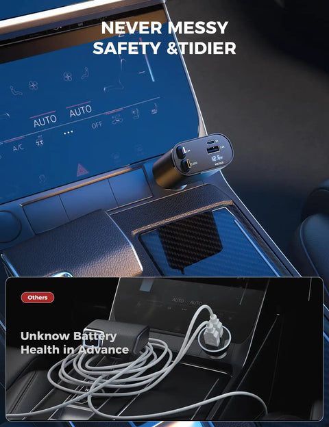 Upgraded Retractable Car Charger 4 In 1 plugged into car dashboard showcasing organized cables