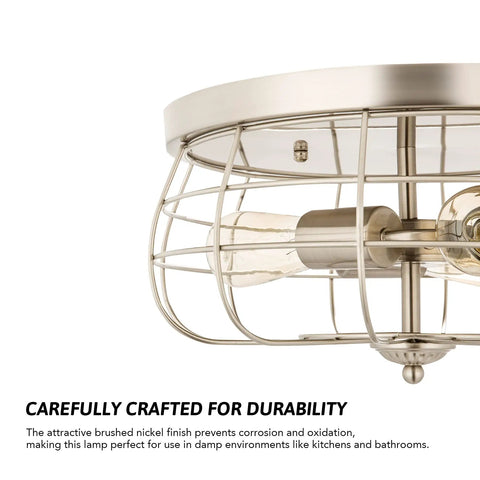 Industrial Three Light Metal Cage Flush Mount Ceiling Light In Brushed Nickel Vintage Farmhouse Style detail view