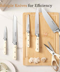 14 Piece Full Tang Kitchen Knife Set With Wood Block Sharpener on cutting board with high carbon stainless steel blades and ergonomic handles
