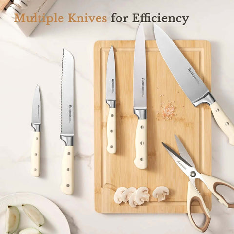 14 Piece Full Tang Kitchen Knife Set With Wood Block Sharpener on cutting board with high carbon stainless steel blades and ergonomic handles