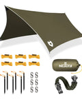 12x10 Rain Fly Tarp For Survival Camping, Ultra Lightweight Waterproof Shelter, OD Green, with accessories and survival bracelet