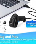 Plug And Play 1D Wired USB Barcode Scanner With CCD Reader connected to laptop, 1.5M cable shown, for screen scanning in stores.