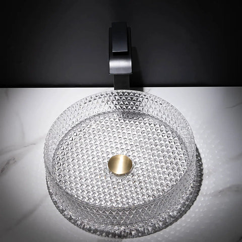USZWBY Bathroom Vessel Sink Vanity Tempered Glass Vessel Bowl Sink Transparent Countertop Sink Bowl Above Counter Sink with gold drain
