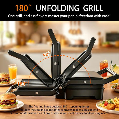 Stainless Steel 1000W Panini Press Grill And Sandwich Maker With Non Stick Plates Removable Drip Tray 3 In 1 Electric Contact Grill Opens 180 Degrees Flat for cooking burgers and sandwiches.