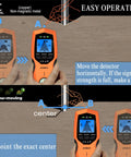 Diagram showing easy operation of 7 In 1 Stud Finder Wall Scanner with Magnetic Bubble Level and Digital LCD Display on wood surface