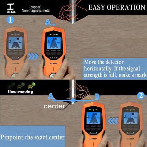 Diagram showing easy operation of 7 In 1 Stud Finder Wall Scanner with Magnetic Bubble Level and Digital LCD Display on wood surface
