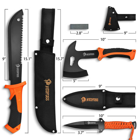 15 Inch Machete And 10 Inch Camping Axe Hatchet Knife Set For Outdoor Survival with rubber handles and sheaths in display.