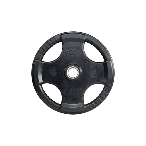 Heavy Duty Rubber Coated Olympic Weight Plate 45 Pounds view from top showing solid iron core and anti-slip grip design.