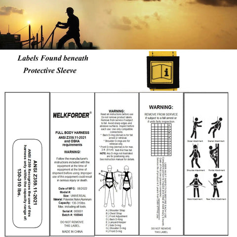 Label details for 3D Ring Full Body Fall Protection Safety Harness ANSI/ASSE Z359.11-2021 compliant, OSHA certified, 310 lbs support.