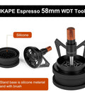 Hella Smooth 58mm Wdt Distribution Tool For Espresso Bars Featuring Ten Adjustable Needles Walnut Grip Dosing Funnel And Stand to enhance espresso prep.