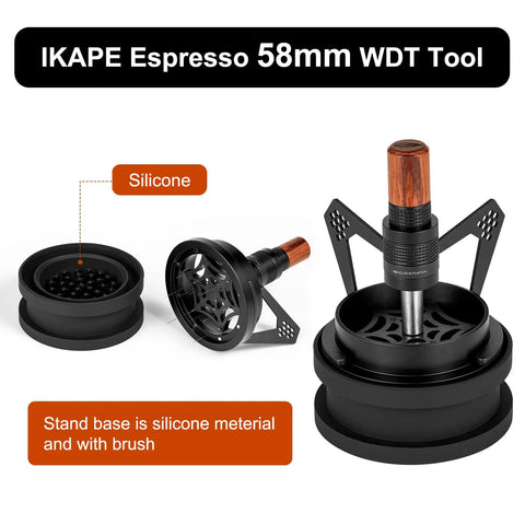 Hella Smooth 58mm Wdt Distribution Tool For Espresso Bars Featuring Ten Adjustable Needles Walnut Grip Dosing Funnel And Stand to enhance espresso prep.