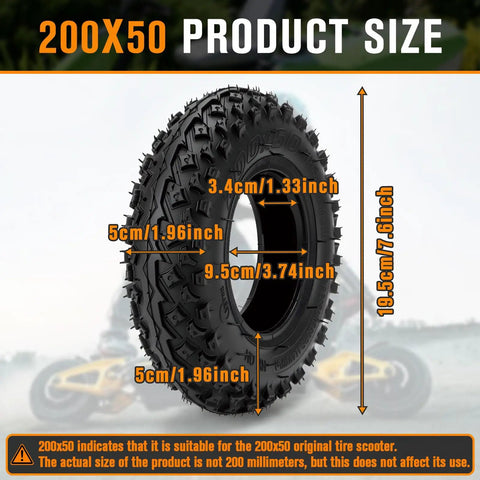 200x50 8x2 Dirt Scooter Knobby Tire And Inner Tube Set dimensions for off-road electric go karts, mountain scooters, dune buggy RDS